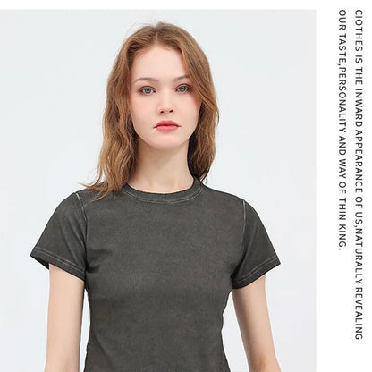 Female 240GSM Gradient Washed Custom LOGO Solid Slim  T-Shirt Soft Cotton Streetwear Casual Short Sleeve Cool Retro For Women