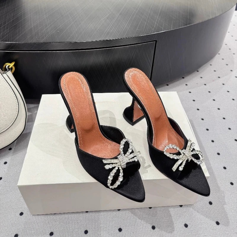 New Bow Rhinestone High-heeled Sandals Sexy Open-toed Fish Mouth Pointed Rear Empty Cool Slippers Women