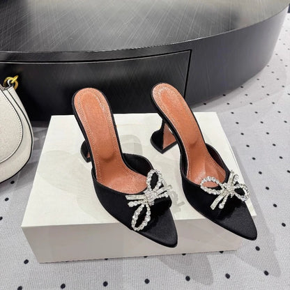 New Bow Rhinestone High-heeled Sandals Sexy Open-toed Fish Mouth Pointed Rear Empty Cool Slippers Women