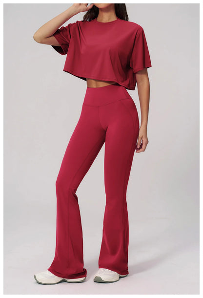 Women's Tracksuits 2PCS Yoga Outfits Gym Clothes Workout Set Sportswear Female Short Sleeve Sports Shirts Flared pants Yoga Suit