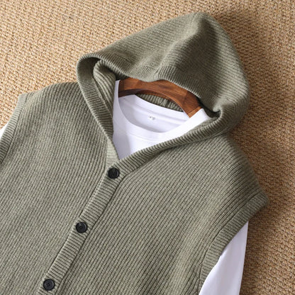 2025 Autumn/Winter Men's Vest 100% Merino Wool Knit Hooded Cardigan Casual Loose Sleeveless Solid Color Men's Cashmere Sweater