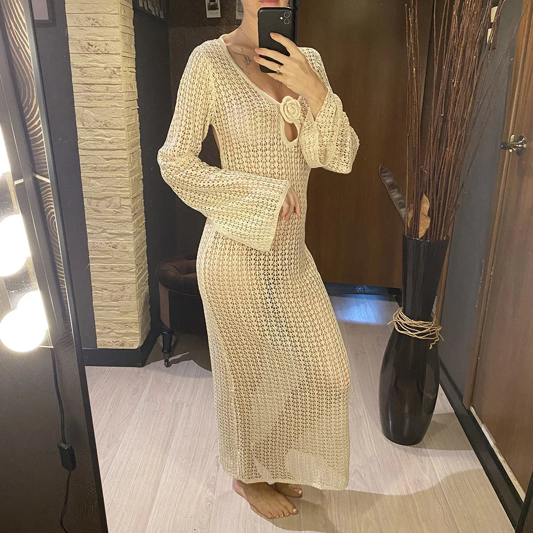 3D Flower V Neck Long Sleeve Crochet Knitted Tunic Beach Cover Up Cover-ups Beach Dress Beach Wear Beachwear Female Women V5852