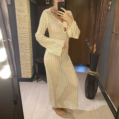 3D Flower V Neck Long Sleeve Crochet Knitted Tunic Beach Cover Up Cover-ups Beach Dress Beach Wear Beachwear Female Women V5852