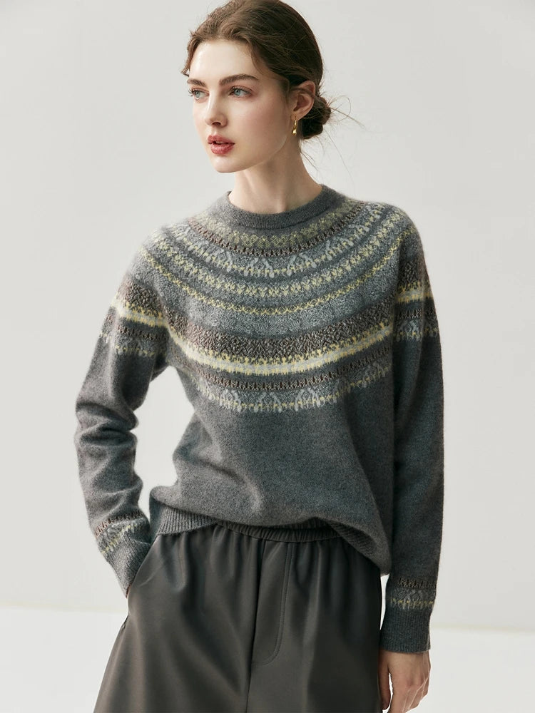 CHICUU Women Autumn Winter O-neck Vintage Style Pullover Sweater 100% Cashmere Knitwear Thick Warm Jacquard Knitting Sweater Top