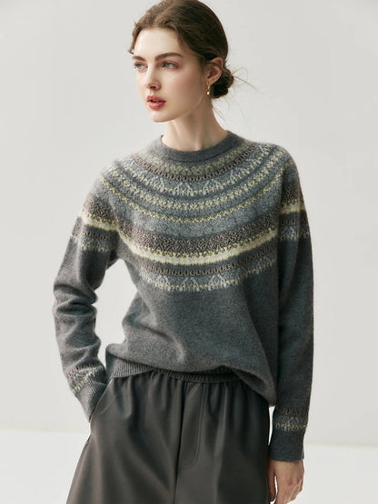 CHICUU Women Autumn Winter O-neck Vintage Style Pullover Sweater 100% Cashmere Knitwear Thick Warm Jacquard Knitting Sweater Top