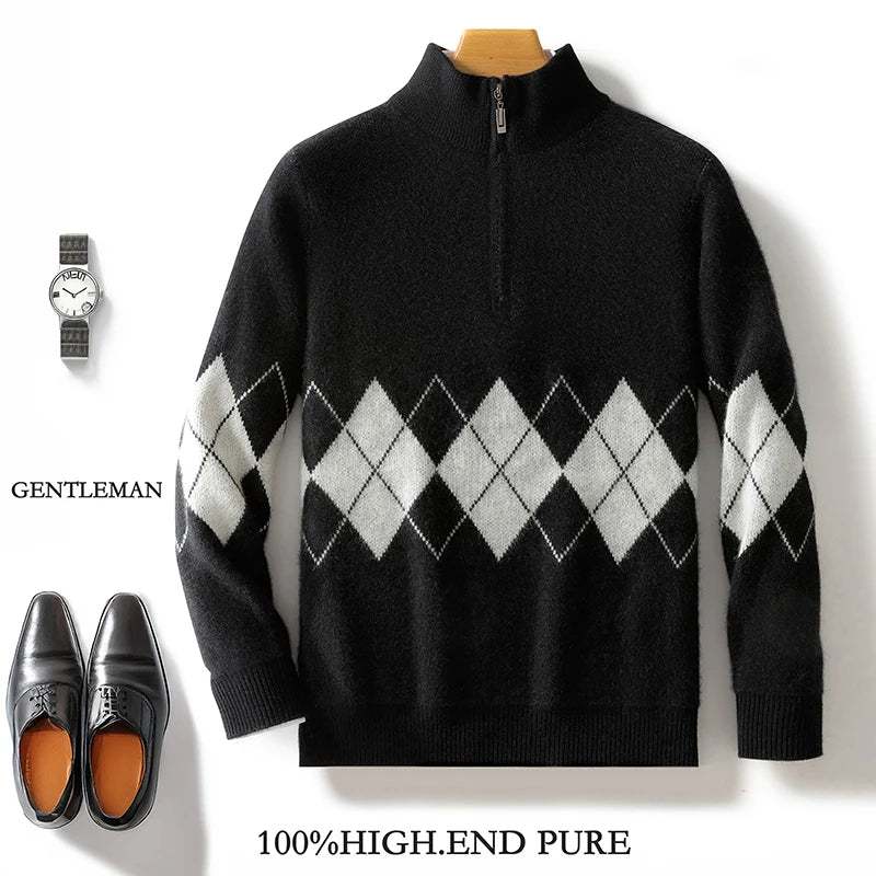 100% Merino Wool Half Zipper Mock Neck Knit Sweater Long Sleeves Loose Color-Blocked Pullover Cashmere Soft Warm Clothing Top