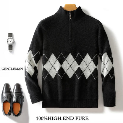 100% Merino Wool Half Zipper Mock Neck Knit Sweater Long Sleeves Loose Color-Blocked Pullover Cashmere Soft Warm Clothing Top