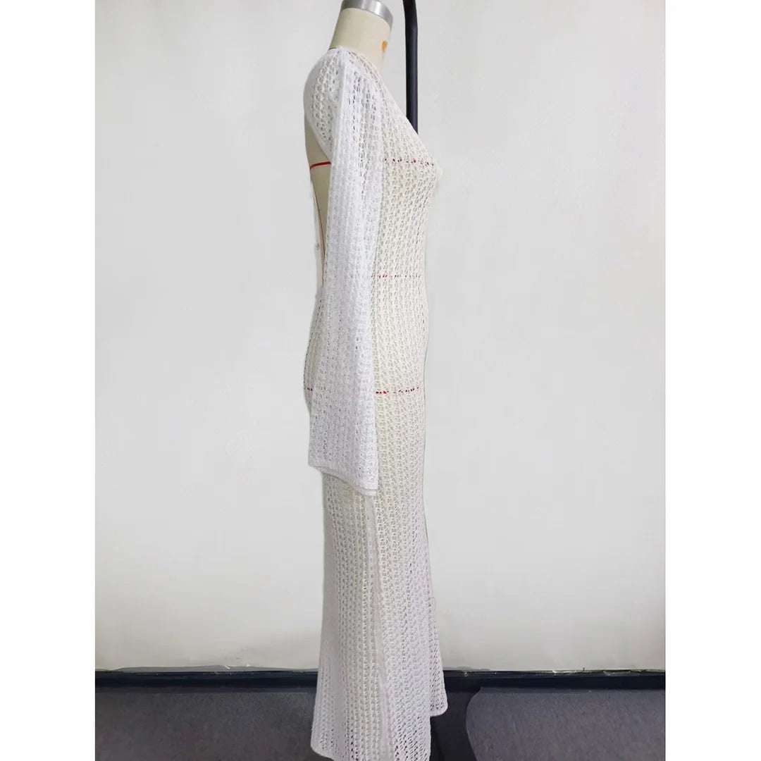 3D Flower V Neck Long Sleeve Crochet Knitted Tunic Beach Cover Up Cover-ups Beach Dress Beach Wear Beachwear Female Women V5852