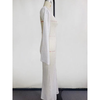 3D Flower V Neck Long Sleeve Crochet Knitted Tunic Beach Cover Up Cover-ups Beach Dress Beach Wear Beachwear Female Women V5852