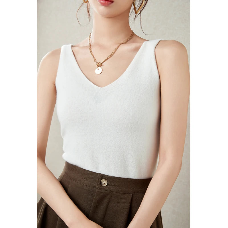 Women's Spring and Autumn 2026 New 100% Merino Wool V-Neck Pullover Knitted Suspender Casual Soft Inner Vest Women's Clothing