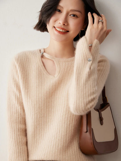 CHICUU Women's 100% Cashmere Knit Pullover Sweater Cut Out Collar Long Sleeve Pullover Autumn Winter Basic Cashmere Knitwear Top