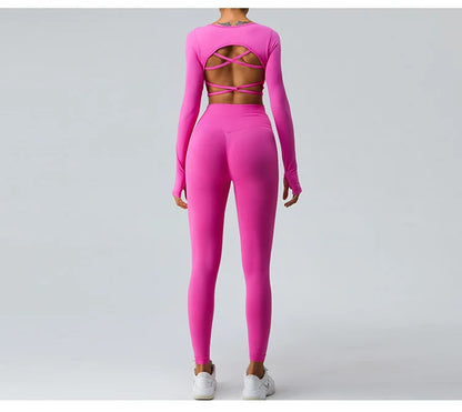 Sexy Women's Backless Shirt Seamless Crop Top Fitness Shirts Long Sleeve Gym Workout Sports Top Woman Front Yoga Tops Activewear