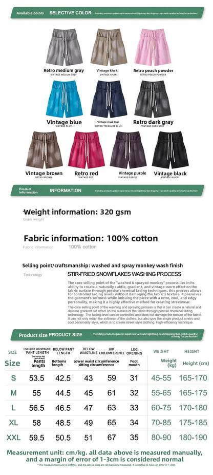 Custom LOGO men's 320G heavy 100% washed and old double waist high waist medium pants loose casual sports five-point shorts
