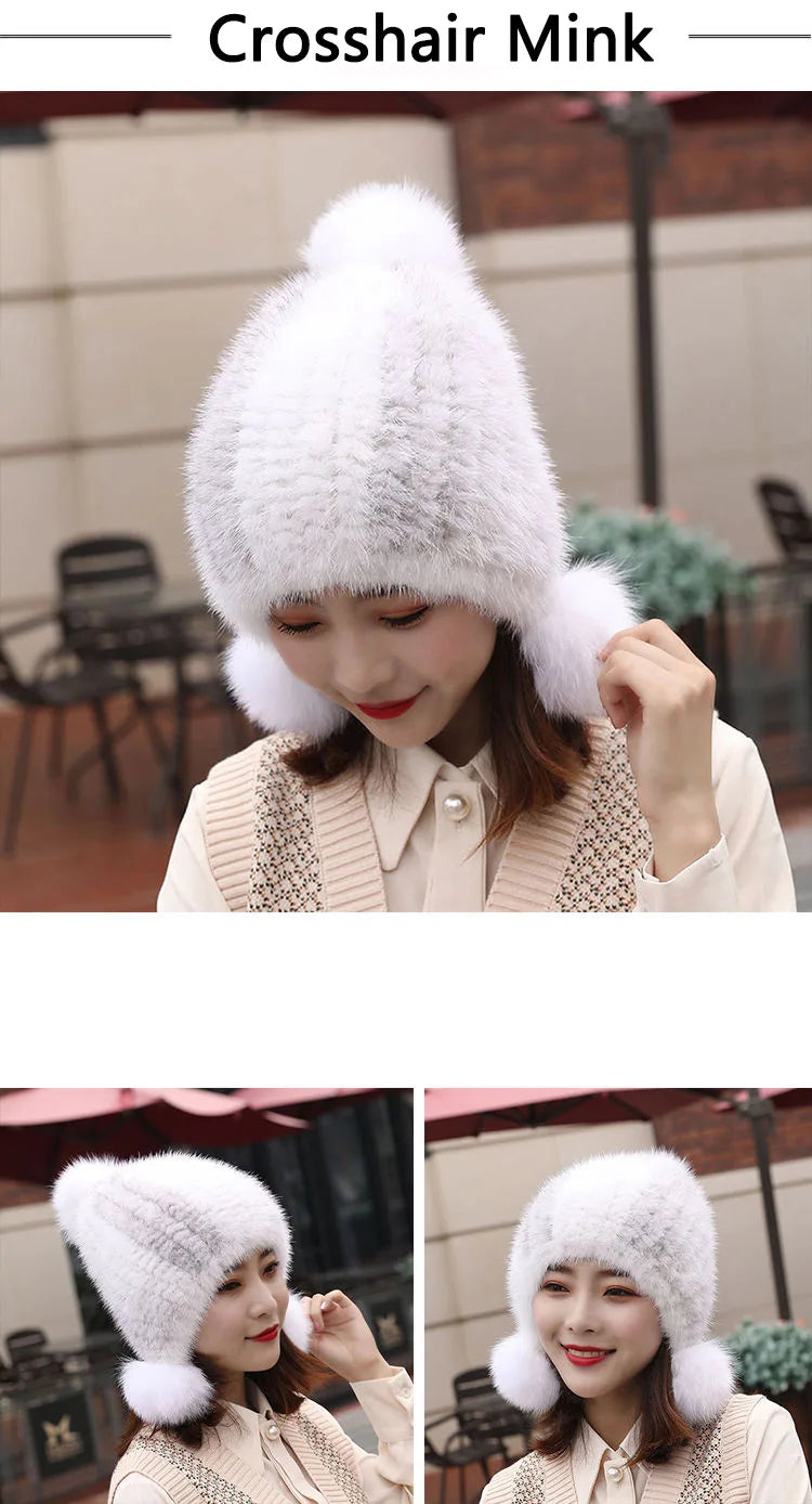 Fashion Women Real mink hat Winter warm mink fur knit hats Women fox fur ball cap