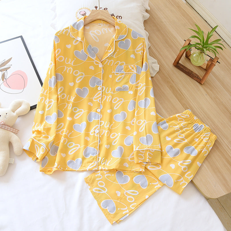 Spring and summer new 100% viscose pajamas two-piece long-sleeved trousers women's flowers comfortable plus size homewear suit