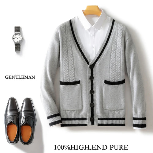 100% Merino Wool Color-Blocked Double Pocket Knit Cardigan Cashmere Soft Long Sleeves Basic Comfortable Men's  Clothing Top
