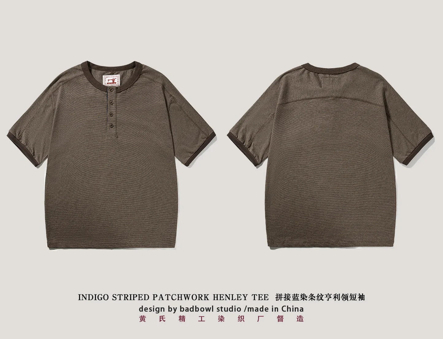 Men's American Retro T-shirt Heavyweight Loose Fit Short Sleeve Henry Collar Neutral Design Casual Loose Shirt