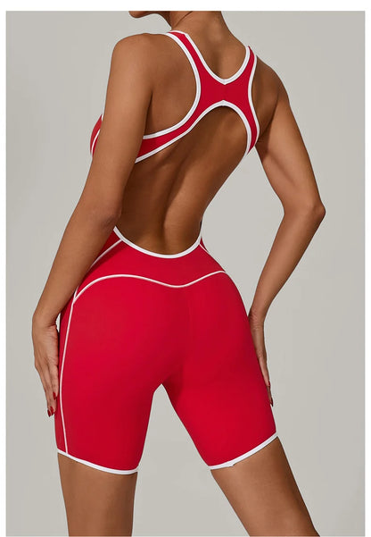 TRY TO BN Yoga Jumpsuit Sports Hollow Back Breathable Contrasting Color Bodysuit Fitness One Piece Set Running Gym Woman Clothes