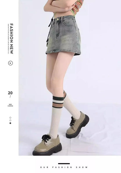 Sexy Retro Denim  Skirt Women's Anti-Light Versatile High Waist A-Line Slimming American Hot Girl Bodycon Half-length Ski...