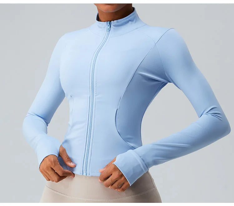 Gym Shirt Women's Full Zipper Yoga Top With Thumbholes Fitness Running Jacket Stretch Fit Long Sleeve Round Neck Top Sportswear