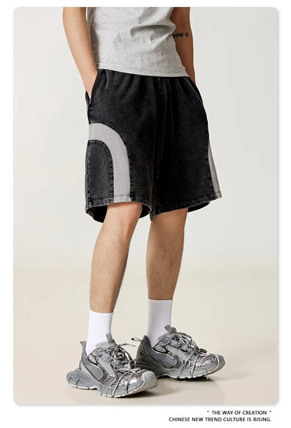 Customized LOGO men's summer European and American hip-hop style splicing contrasting shorts loose straight five-point pants