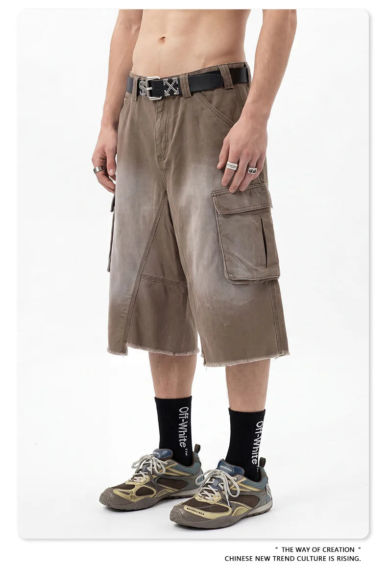 Custom LOGO men's 310G heavy 100% cotton summer American street multi-pocket retro washed old loose tooling seven-point shorts