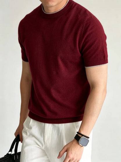 Light Luxury Cashmere Blend Anti Pilling Knitted Short Sleeved Round Neck T-shirt for Men, Retro Casual Business Summer Shirt