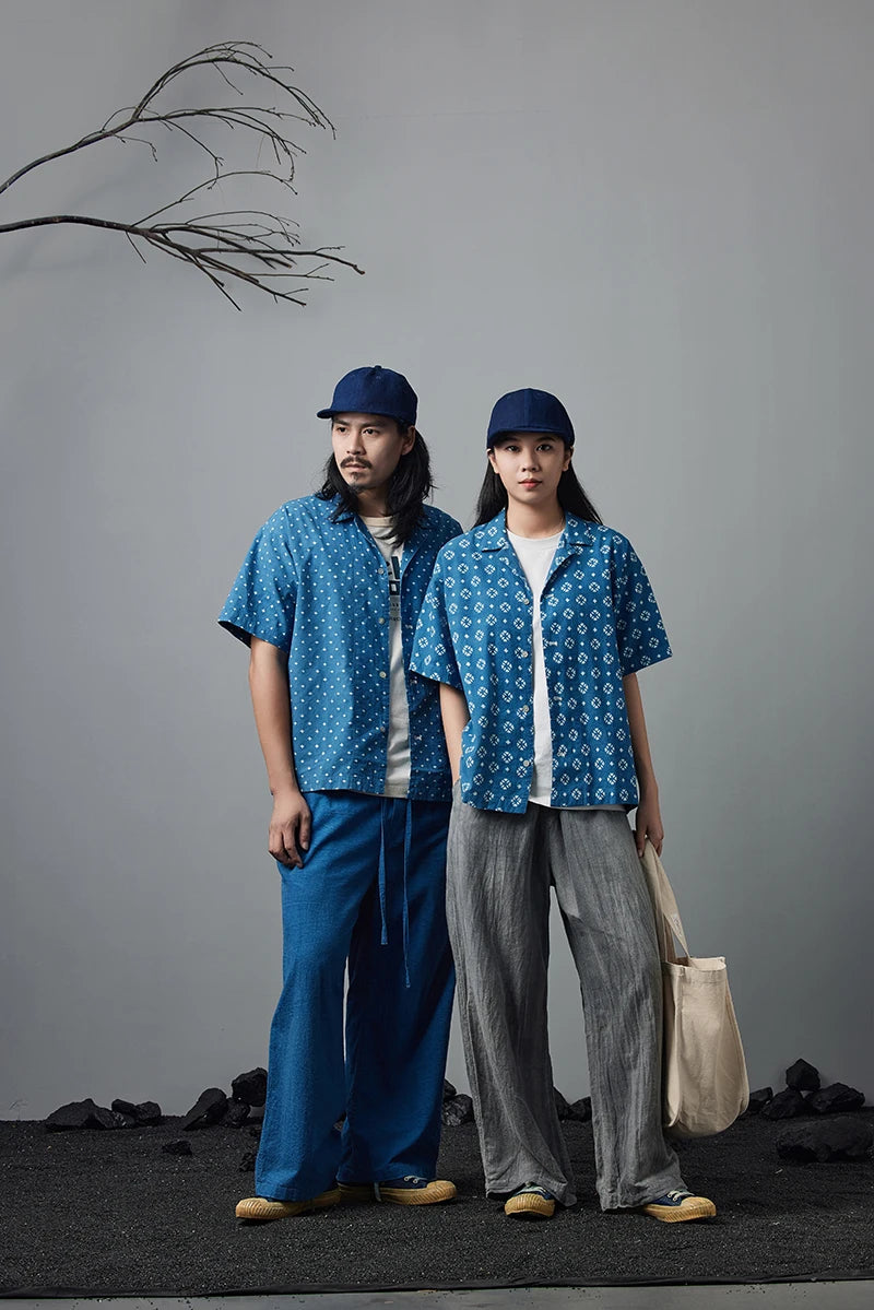 Vintage Indigo Print Shirt Men Summer New Blue Dyed Cuban Lapel Short Sleeve Single Breasted Shirt Cotton Casual Cardigan Tops