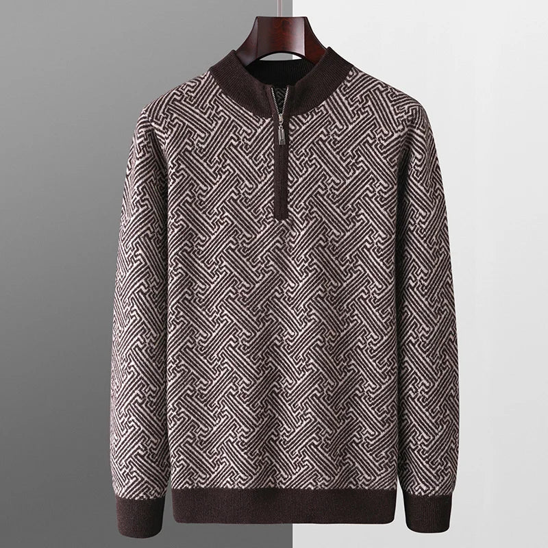 Men's 100% Merino Wool Jacquard Sweater Mock Collar Half Zip Thick Pullover Autumn Winter Cashmere Knitwear Long Sleeved Top