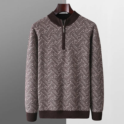 Men's 100% Merino Wool Jacquard Sweater Mock Collar Half Zip Thick Pullover Autumn Winter Cashmere Knitwear Long Sleeved Top