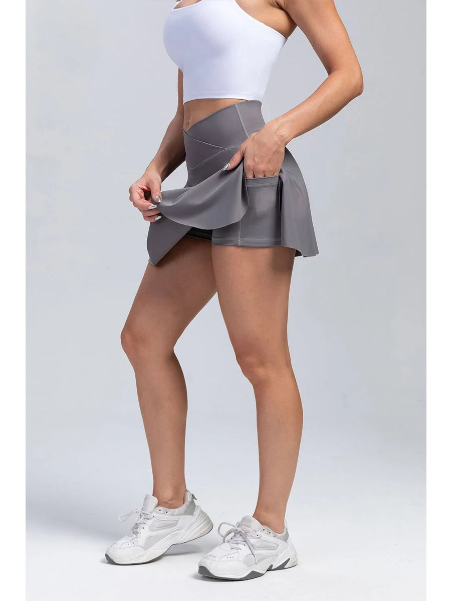 Women Pleated Tennis Skirt with Pockets Shorts Athletic Skirts Crossover High Waisted Athletic Golf Skorts Workout Sports Skirts