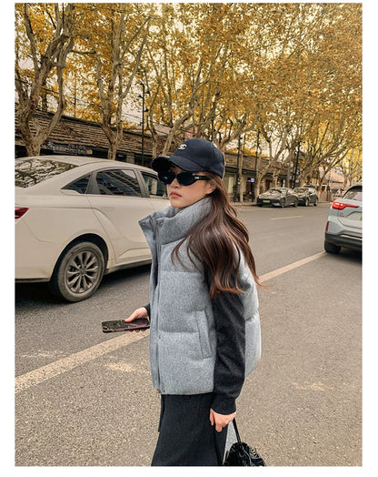 Short Down cotton Vest Women's 2025 Korean Fashion New Stand-up Sleeveless Zipper Student Vest Jacket Black Gray Waistcoat Tide
