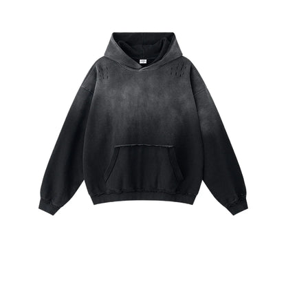 Custom LOGO men's 2025 autumn 370G heavy 100% cotton gradual change hole hooded sweater straight trousers set