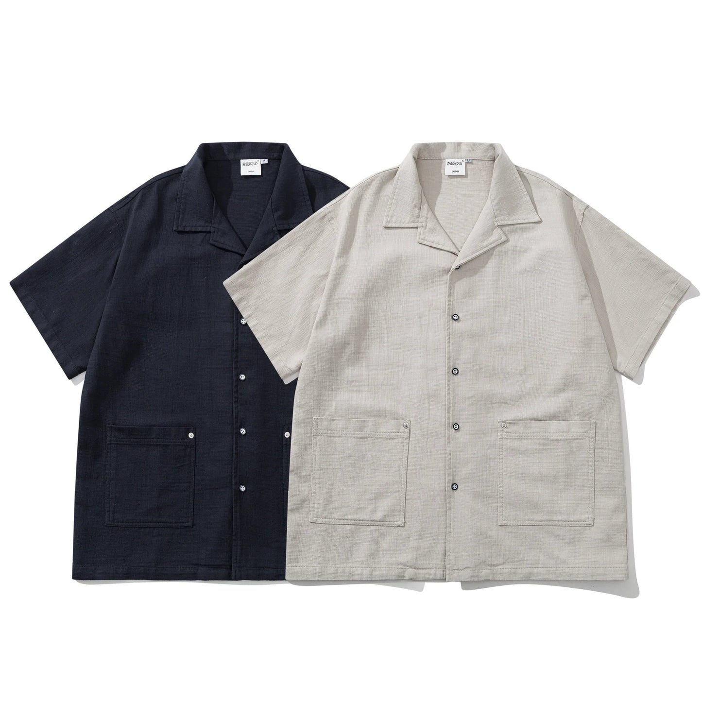 Summer Japanese Retro Amekaji Cuban Collar Workwear Short Sleeved Shirt Men and Women Loose Cotton Five Quarter Sleeved Shirt