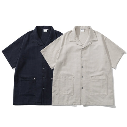 Summer Japanese Retro Amekaji Cuban Collar Workwear Short Sleeved Shirt Men and Women Loose Cotton Five Quarter Sleeved Shirt