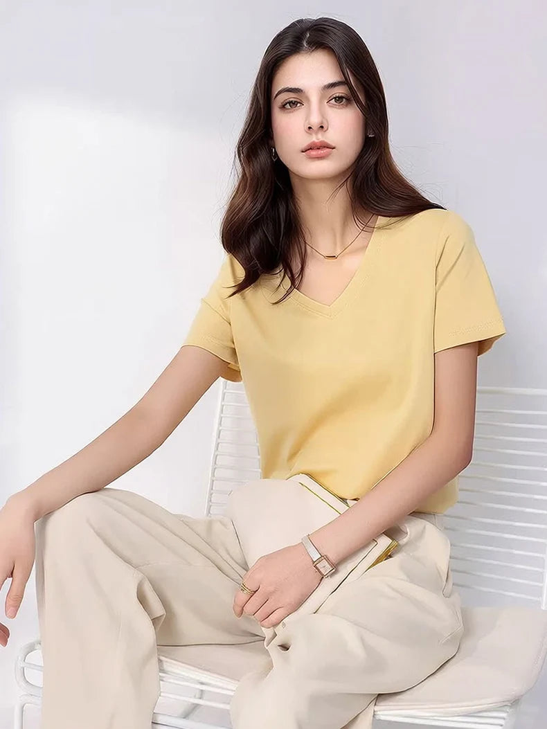 SuyaDream Women Solid T shirts, Silk Cotton Blend, O Neck, Short Sleeved Solid Tee,2025 Summer Candy Colors Basic Cozy Top Green