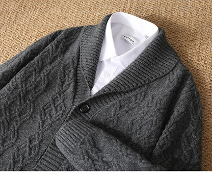 2025 Autumn Winter New Five Needle Thick 100% Merino Wool Sweater Men's Lapel Knit Cardigan Business Casual Warm Shirt Menswear
