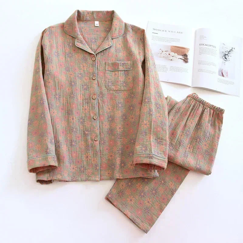 2026 new spring and summer women's pajamas suit long-sleeved trousers two-piece 100% cotton crepe flower leaves home clothes
