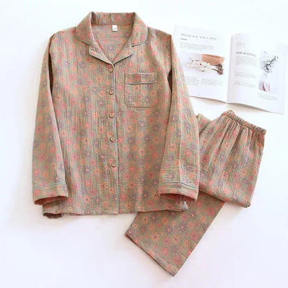 2026 new spring and summer women's pajamas suit long-sleeved trousers two-piece 100% cotton crepe flower leaves home clothes