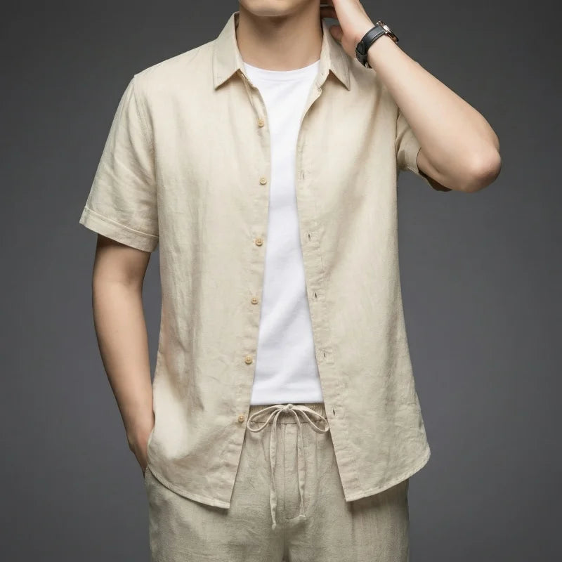 Summer Linen Cotton Men's POLO Collar Shirt Casual Business Short Sleeved Cardigan Fashion Loose Breathable Comfortable T-shirt