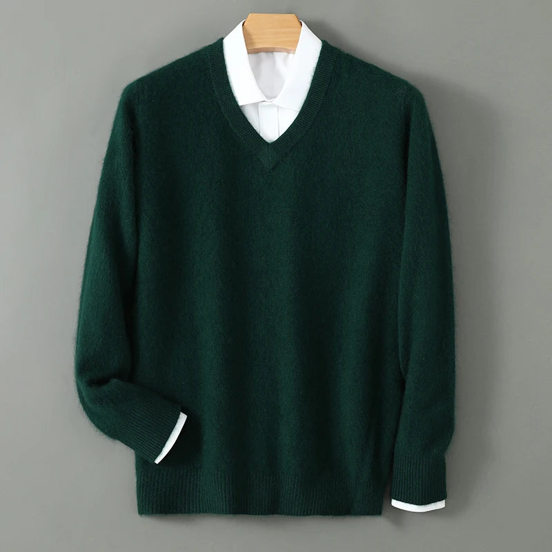 100% Pure Mink Cashmere Sweater Men's V-Neck Pullovers Knit Large Size Mink Sweater Winter New Long Sleeve High-End Jumpers Tops