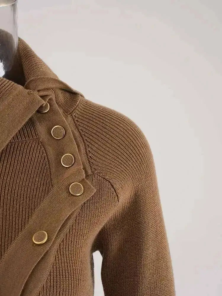DEAT Fashion Brown Irregular Knitted Tops Women's Turtleneck Slim Fit Button Long Sleeves Short Sweater Autumn New