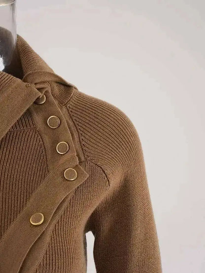 DEAT Fashion Brown Irregular Knitted Tops Women's Turtleneck Slim Fit Button Long Sleeves Short Sweater Autumn New