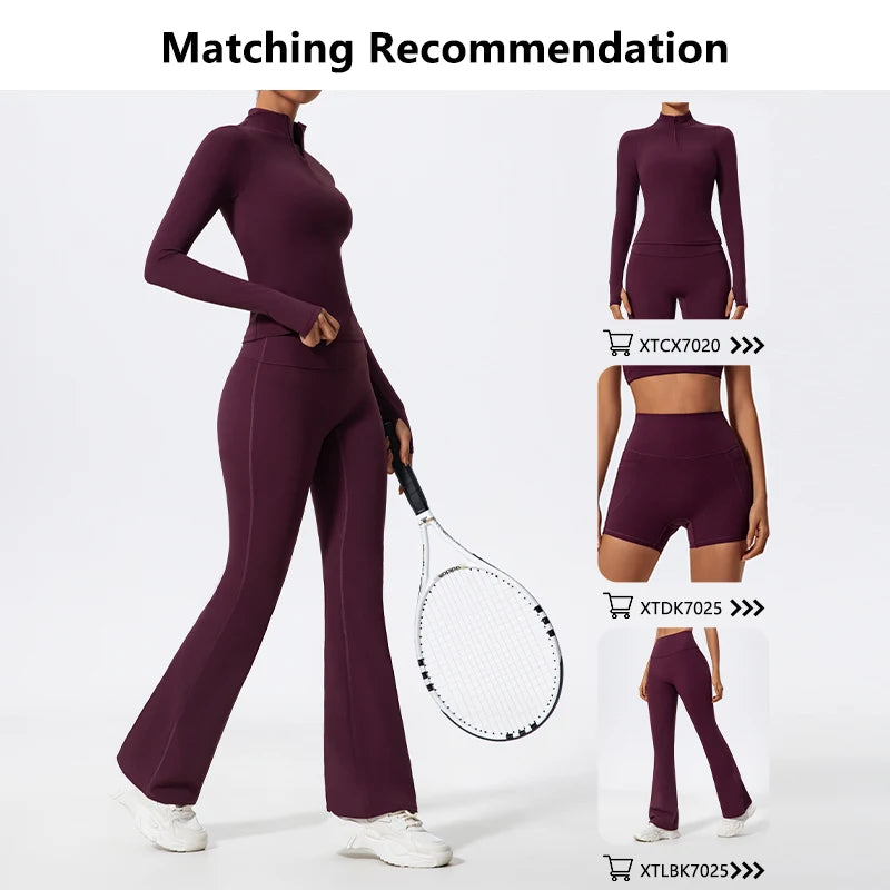 Hearuisavy Summer Half Zipper Yoga Suit Outdoor Workout Clothing Gym Set Women Flared Pants 2Pcs Sports Long Sleeves Shirt Suit