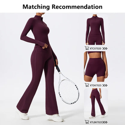 Hearuisavy Summer Half Zipper Yoga Suit Outdoor Workout Clothing Gym Set Women Flared Pants 2Pcs Sports Long Sleeves Shirt Suit