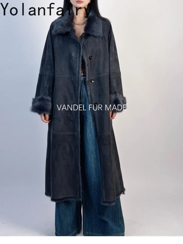 YOLANFAIRY Real Goatskin Leather Fur Coats for Women Winter High-end Natural Fur Coat Lazy Style Long Leather Jacket Luxury Wear