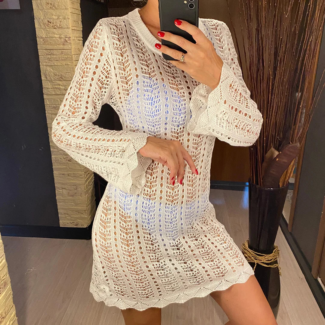 4 Colors Long Sleeve Backless Crochet Knitted Tunic Beach Cover Up Cover-ups Beach Dress Beach Wear Beachwear Female Women V5692