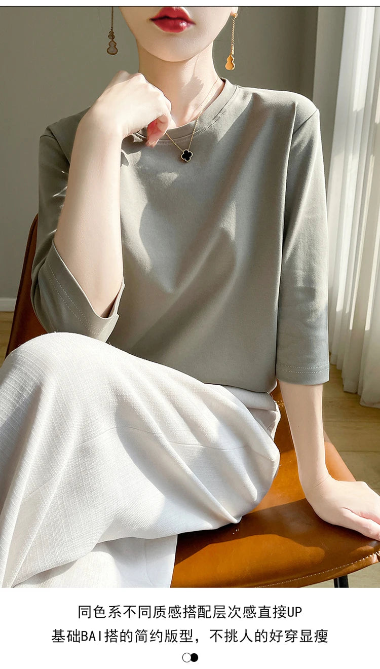 Spring And Summer New White Mercerized Cotton Short Sleeve T-Shirt Feminine Joker Cotton Cropped Sleeve Bottoming Shirt