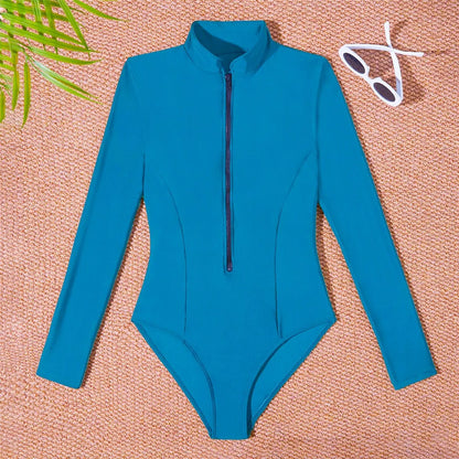 S - 2XL 4 Colors Long Sleeve With Zipper Surf Rash Guard One Piece Swimsuit Women Swimwear Female Bather Bathing Suit Swim V6266