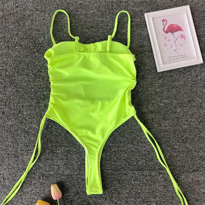 Sexy Lace Up Tummy Cut Out Monokini One Piece Swimsuit Women Swimwear Female Leopard Thong Bather Bathing Suit Swim Wear V1290